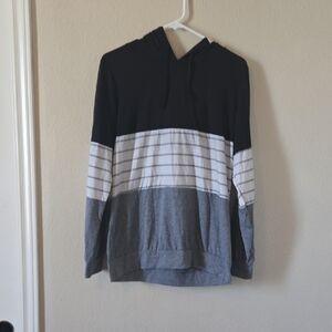 Womens Black, White & Gray Hooded Pullover Sweater